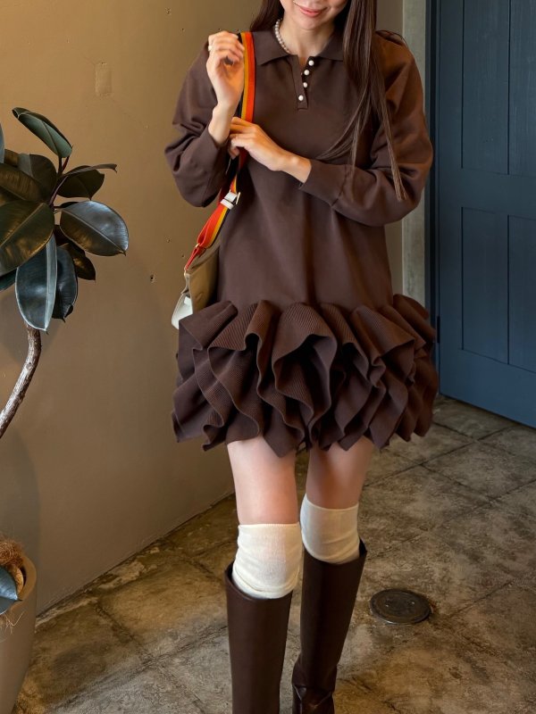 画像4: Ruffled-Hem Polo Dress★WHITE、BROWNのみ限定受注予約販売 (4)