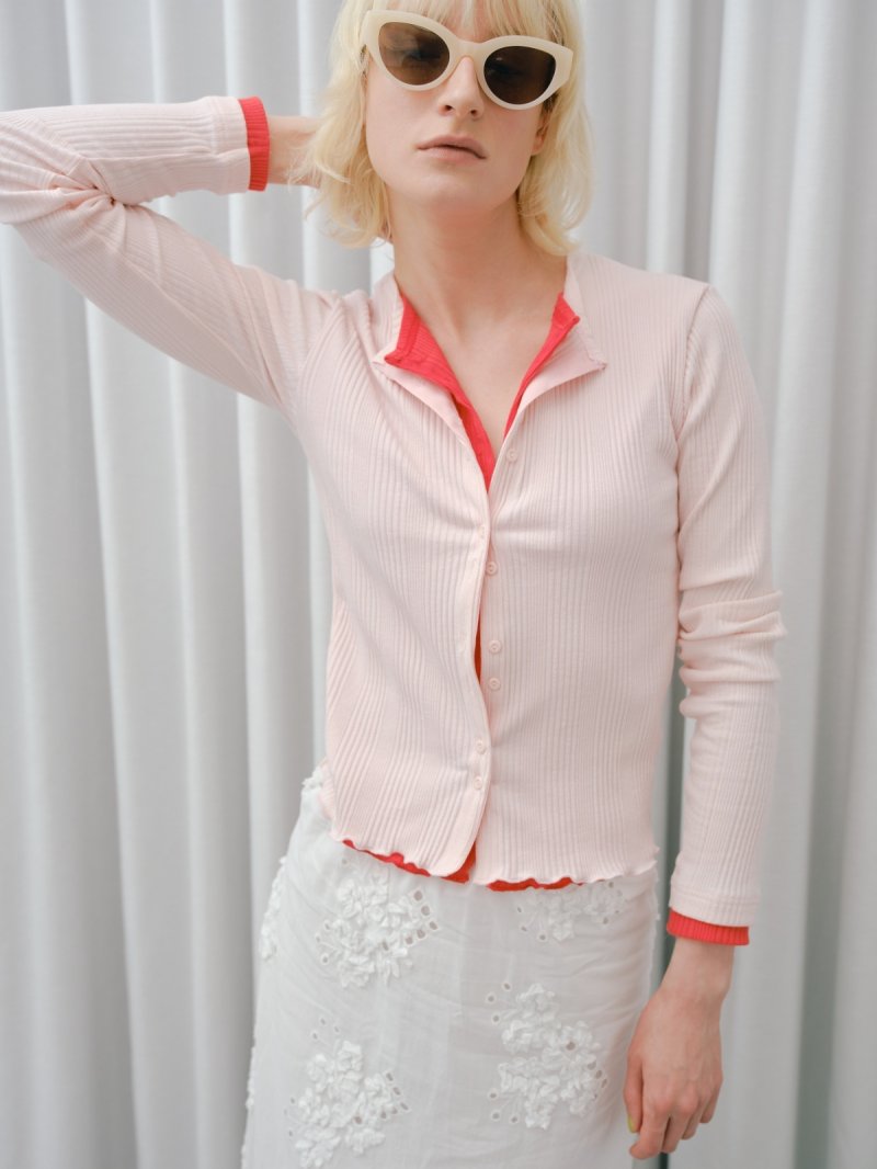 画像1: Two-Tone Rib Cardigan Top