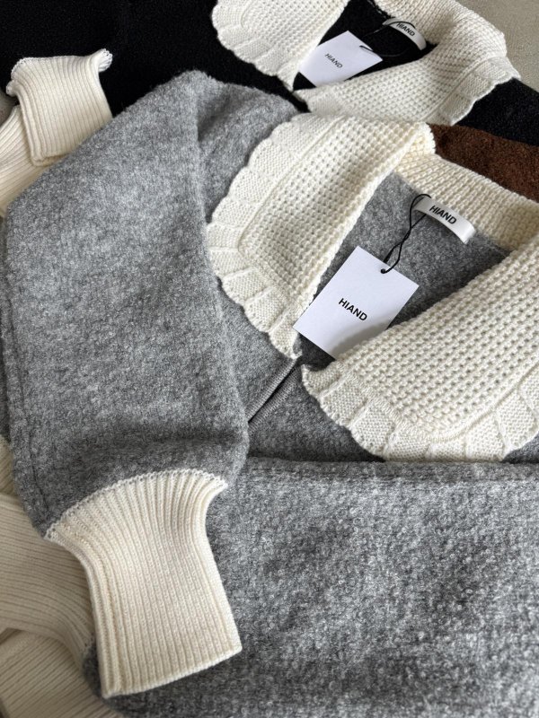 画像2: Contrast Collar Boucle Knit Cardigan (2)