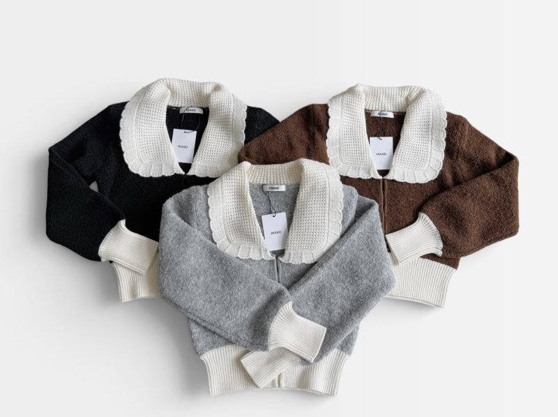 画像1: Contrast Collar Boucle Knit Cardigan (1)