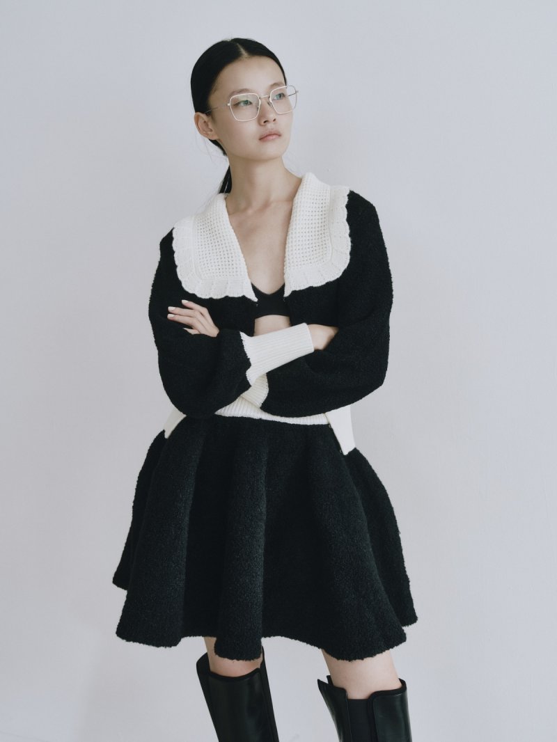 画像2: Contrast Collar Boucle Knit Cardigan