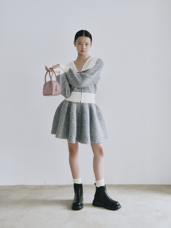 画像6: Contrast Collar Boucle Knit Cardigan (6)
