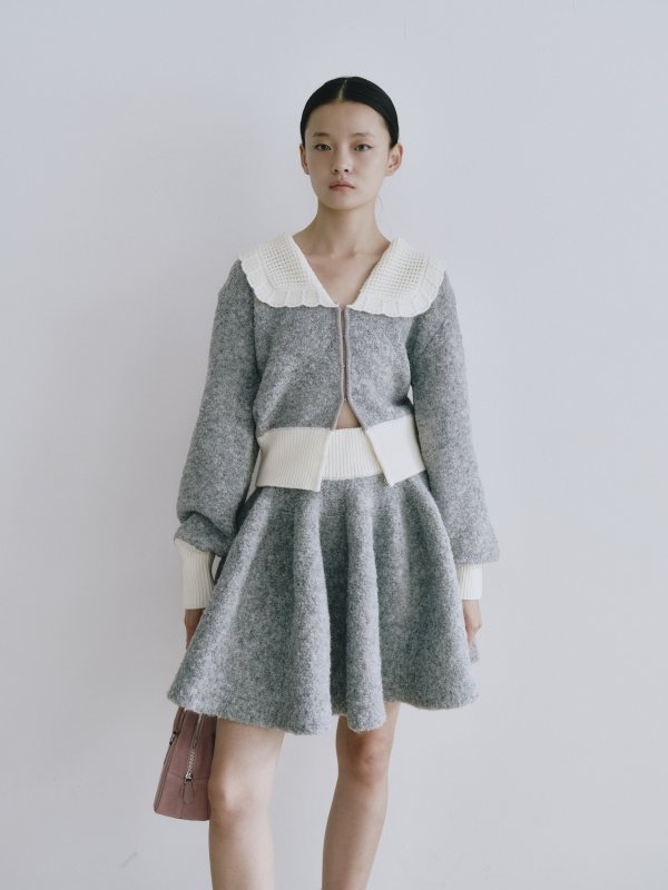 画像7: Contrast Collar Boucle Knit Cardigan (7)