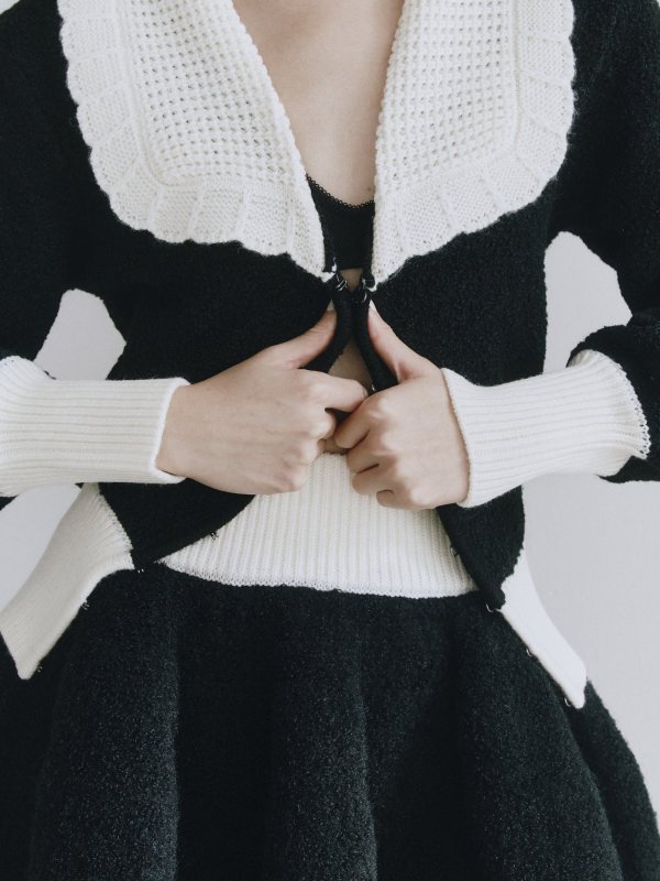 画像8: Contrast Collar Boucle Knit Cardigan (8)