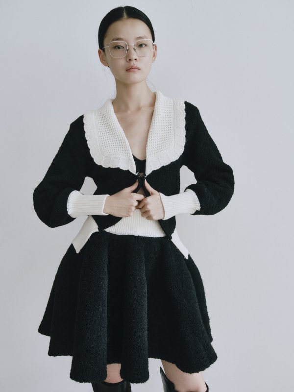 画像11: Contrast Collar Boucle Knit Cardigan (11)