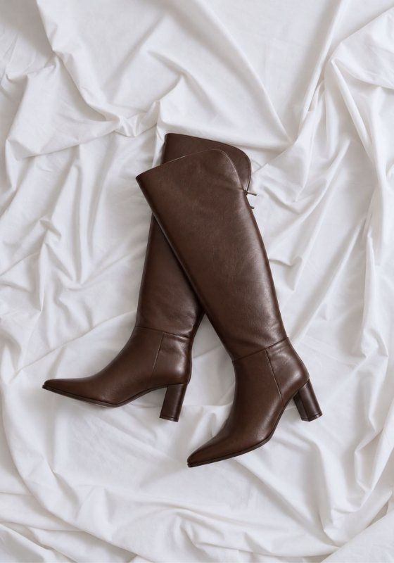画像1: ポインテッド7cmヒールニーハイブーツ（Brown） (1)